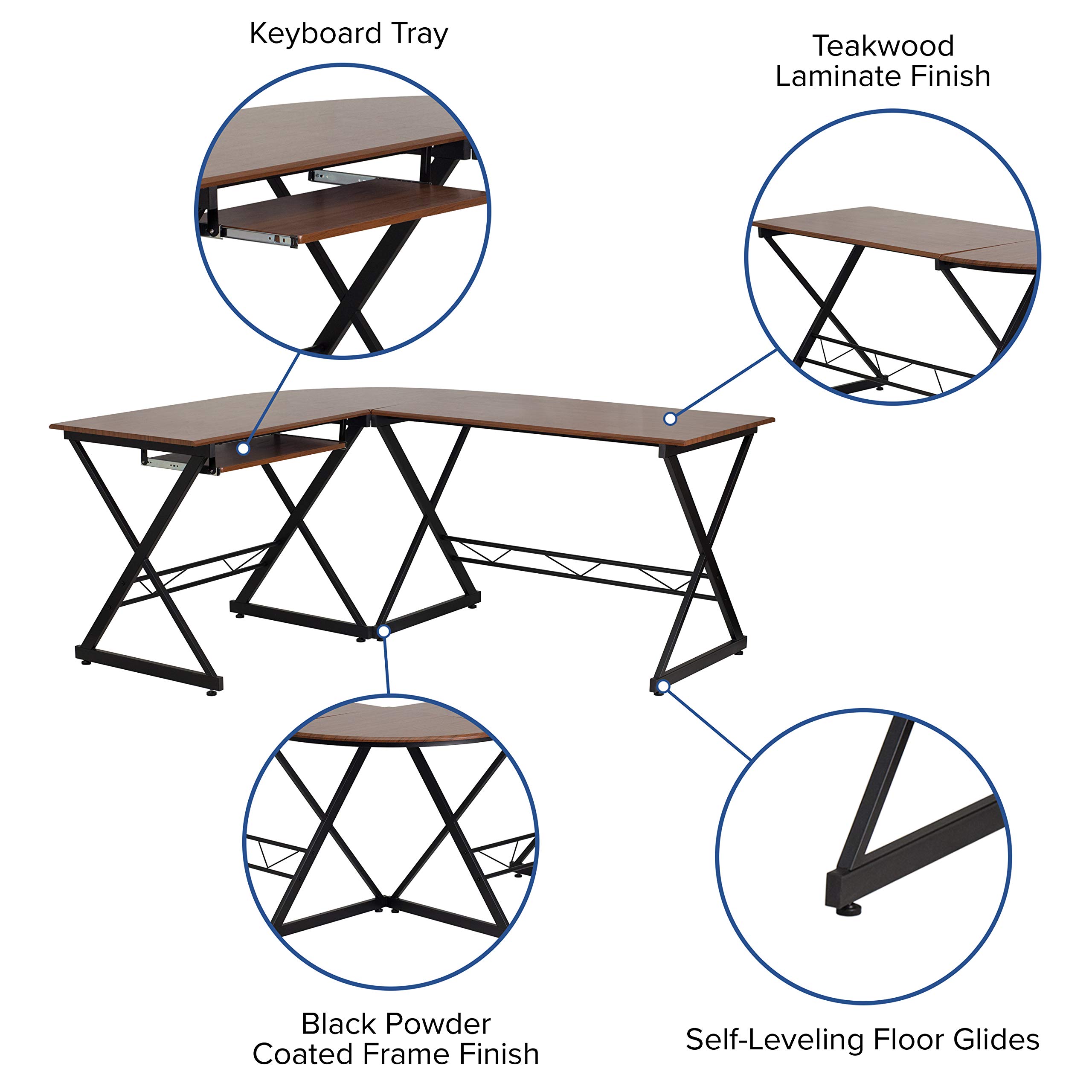 EMMA + OLIVER Teakwood Laminate L-Shape Computer Desk with Keyboard Tray - Modern Home Office Desk for Work & Study, Ergonomic Writing Desk with Storage Shelf for Small Spaces
