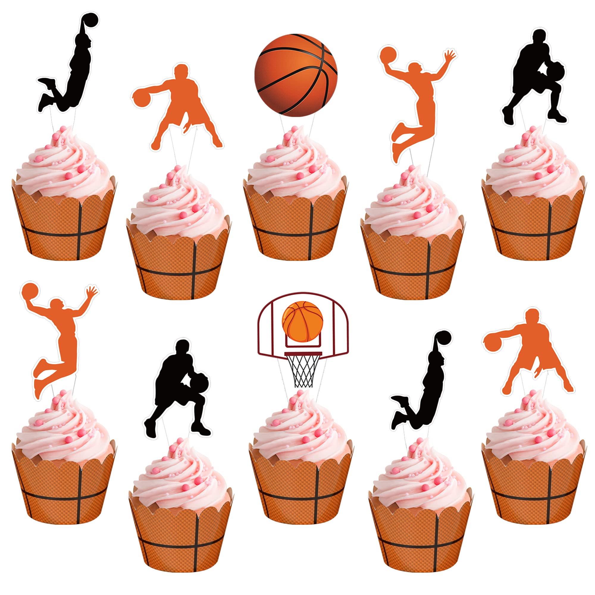 3-Tier Round Cardboard Cupcake Stand with Baseketball Theme - Holds 24 Cupcakes, Includes Toppers & Wrappers - Perfect for Sports Birthday Parties, Game Day Decorations & Basketball Themed Events