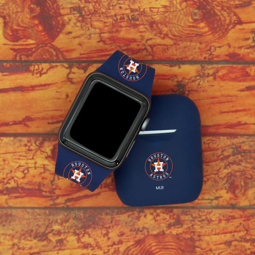 Houston Astros Silicone Sport Watch Band & AirPods Case Cover Combo for Apple Watch - Game Day Accessories for Baseball Fans & Sports Enthusiasts