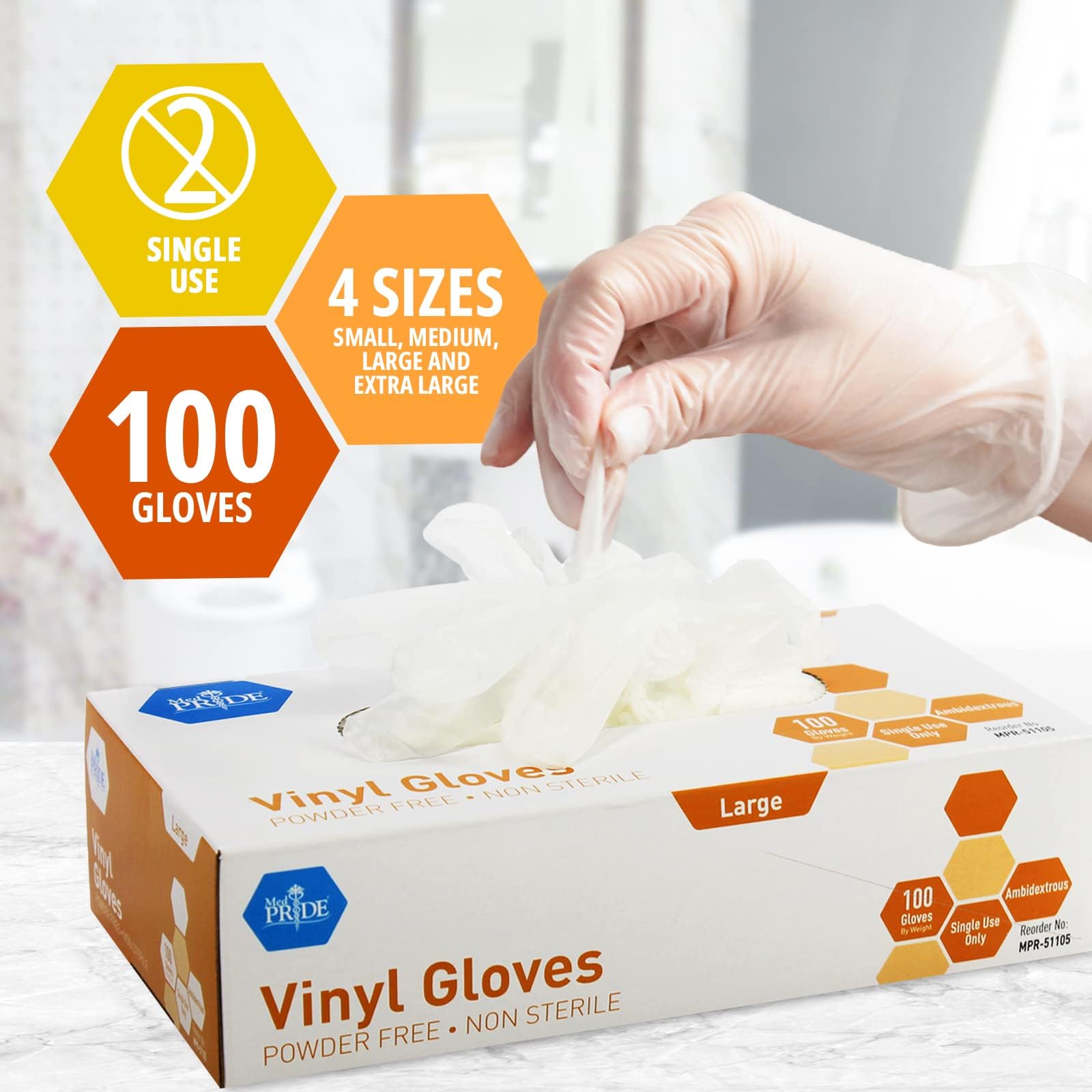 MedPride Powder-Free Vinyl Gloves - Large Size (Box of 100) | Latex-Free, Disposable, General Purpose Gloves for Medical, Cleaning & Food Handling