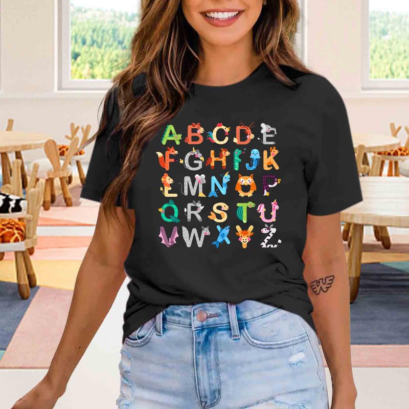 Funny ABC Animals Alphabet Graphic Tee for Women Teachers - Cute Kindergarten Teacher Shirt - Perfect Gift for Educators & Back to School Outfits - Classroom Teaching Apparel & Casual Wear