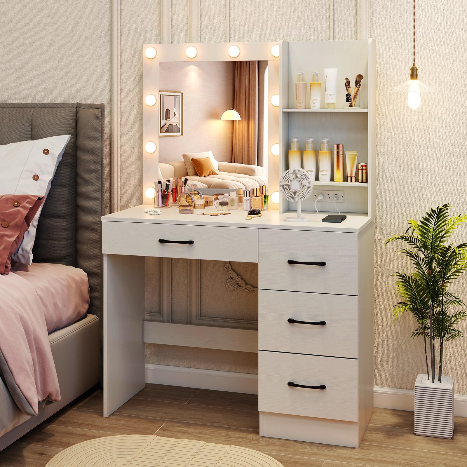 Charmaid White Vanity Desk with Mirror, LED Lights & Charging Station - Modern Makeup Dressing Table with 4 Drawers & 2 Shelves, 3-Color Adjustable Lighting - Perfect for Bedroom, Home Salon & Beauty Room Organization