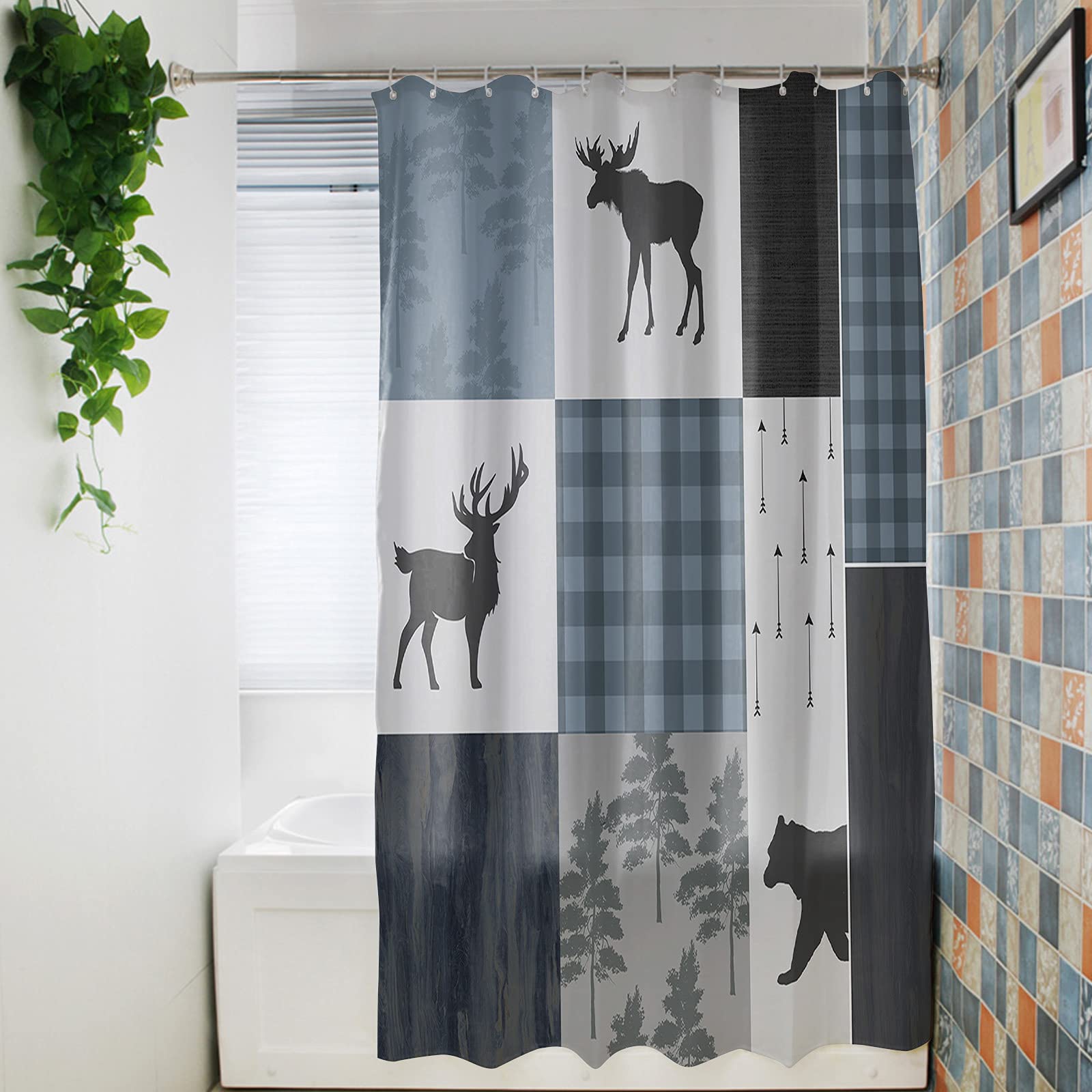 Waterproof Shower Curtain Set with Hooks - 66x72 Inches Washable Bathroom Curtain for Bathtubs & Stalls, Retro Country Style Bear Elk and Woods Pattern - Perfect for Rustic Cabin, Farmhouse, or Nature-Themed Bathroom Decor