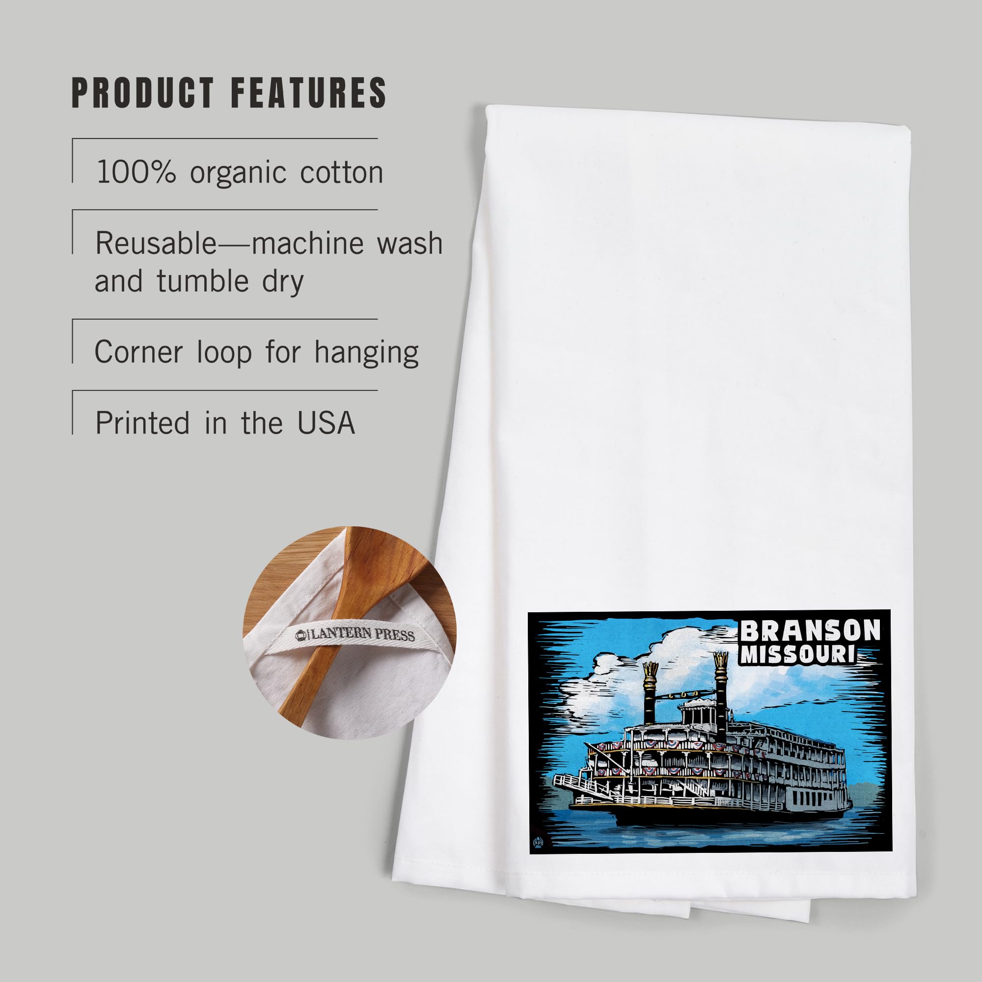 Lantern Press Branson Missouri Paddle Wheeler Scratchboard Tea Towel - 100% Cotton Decorative Hand Towel for Kitchen, Bathroom & Home Decor | Perfect for Gifts, Housewarming & Farmhouse Style