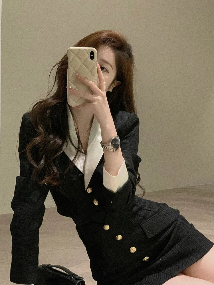 Black Y2K Mini Skirt Set for Women | Korean 2-Piece Dress Outfit with Crop Top Jacket & Short Skirt | Elegant Casual Suit for Autumn | Perfect for Dating, Parties and Streetwear Fashion