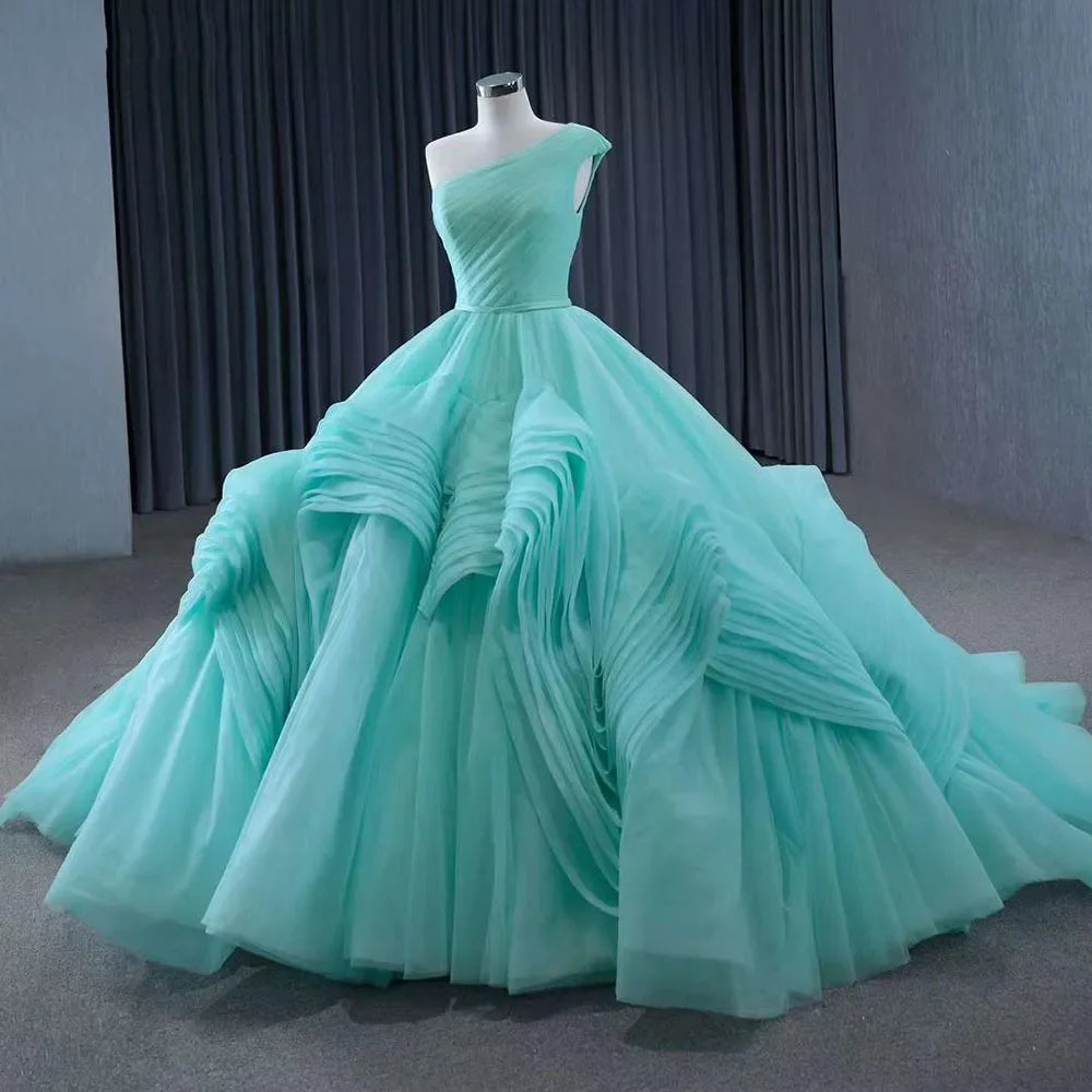 Serene Hill Luxury Custom Light Green One Shoulder Lace-Up Beaded Wedding Ball Gown - Perfect for Bridal Ceremonies, Evening Galas & Formal Events