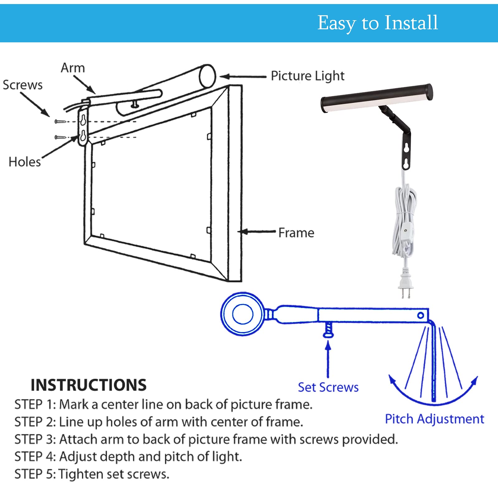 Ciata 7-Inch LED Picture Light for Wall Art - 3000K Warm White, 2W Adjustable Metal Frame Light with In-Line On/Off Switch, CRI-90, Oil Rubbed Bronze - Perfect for Gallery Walls, Museums & Home Decor Lighting