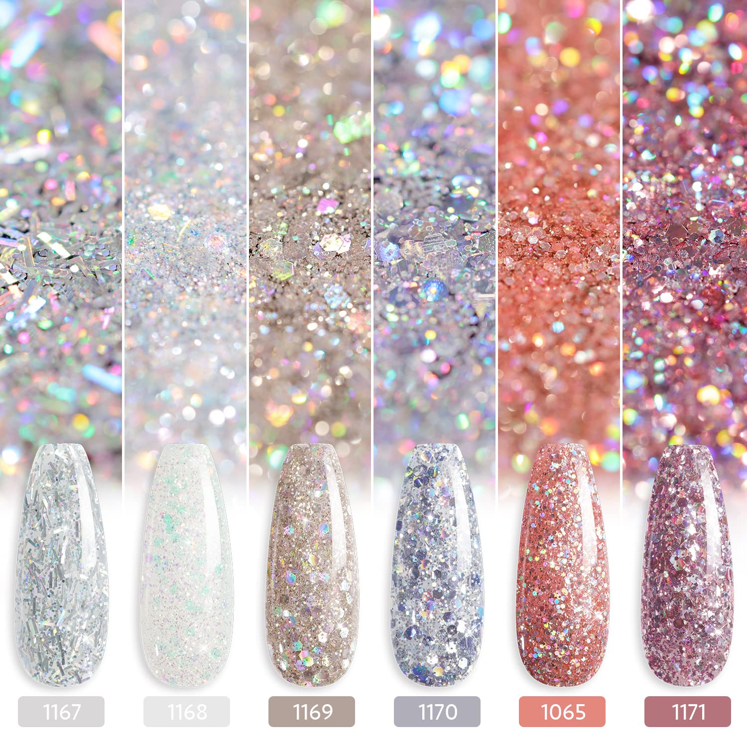 GAOY Glitter Inspire Gel Polish Kit Set - 6 Colors UV LED Soak Off Nail Polish (Pink Nude Included) for Home DIY Manicure & Salon Use | Long Lasting Shine for Parties, Weddings & Special Occasions