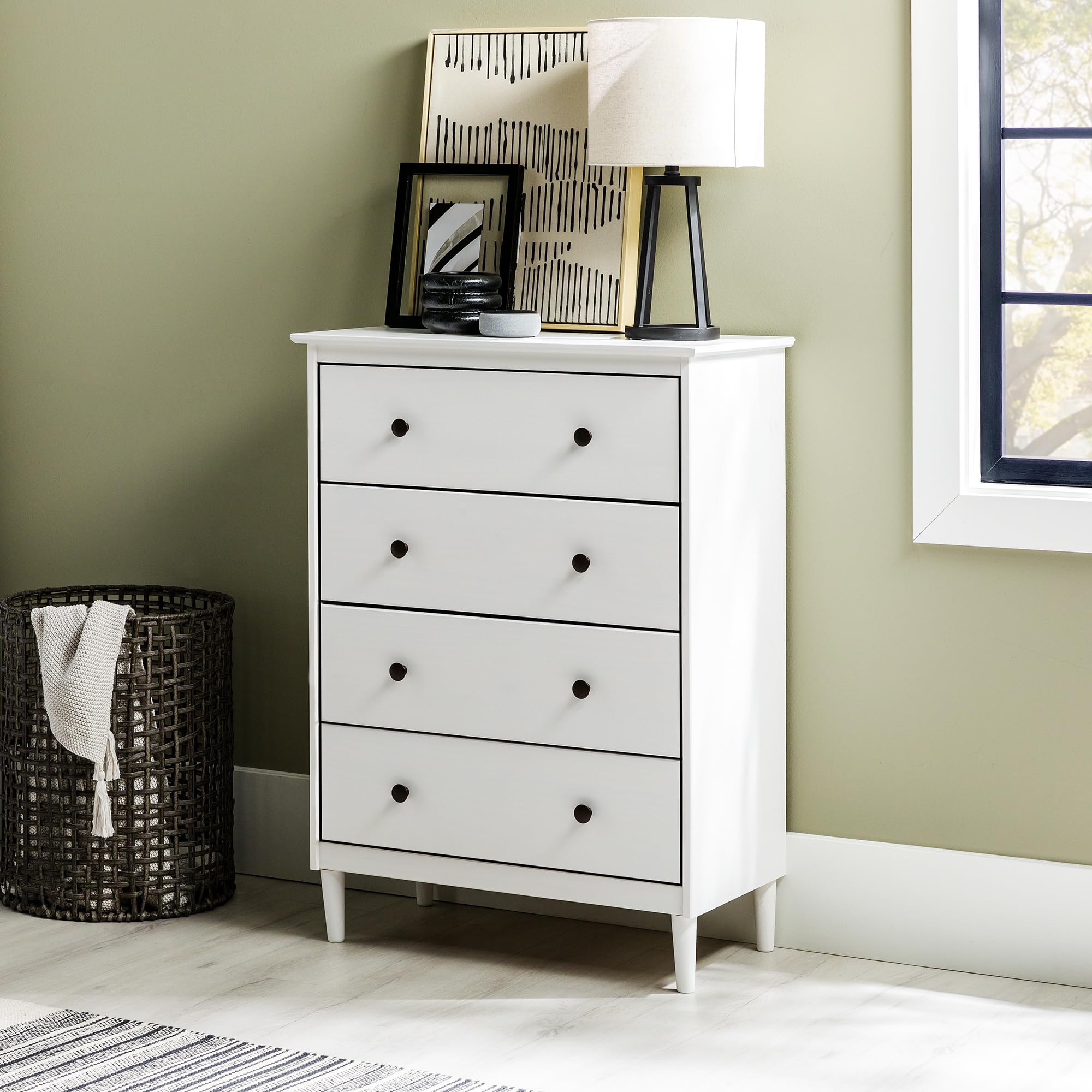 Walker Edison 4-Drawer Tall Wood Dresser - White, Bedroom Storage Organizer for Closet & Hallway | Perfect for Home, Office & Dorm Room Organization