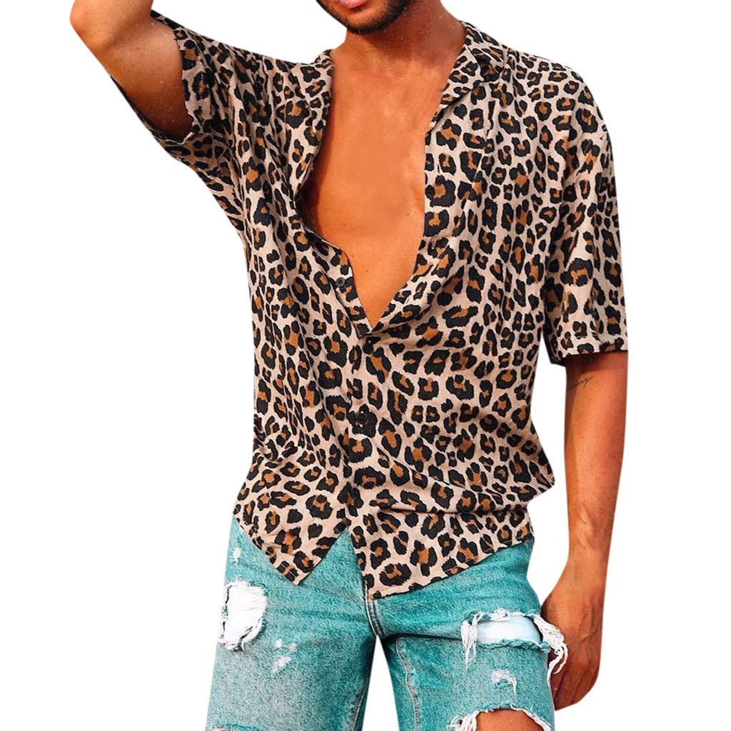 Retro Men's Button Down Shirts - Baggy Print Short Sleeve Leopard Beach Tops for Casual Wear & Summer Outfits | Perfect for Vacation, Parties and Street Style Fashion