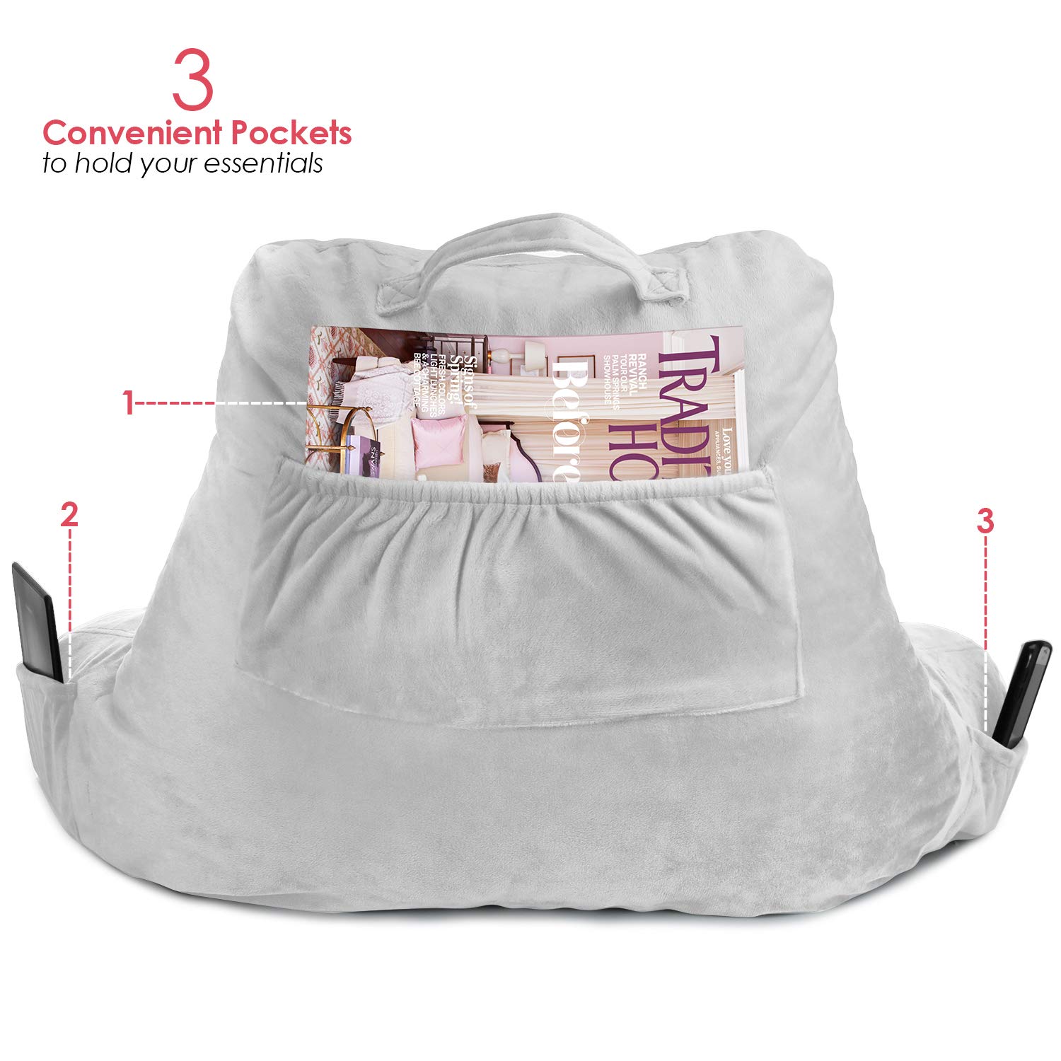 **Clara Clark Kids Reading Pillow - Memory Foam Back Support Pillow for Sitting Up in Bed, Light Grey Gaming Pillow with Arms & Pockets - Perfect for Reading, Gaming & Relaxing in Bed**