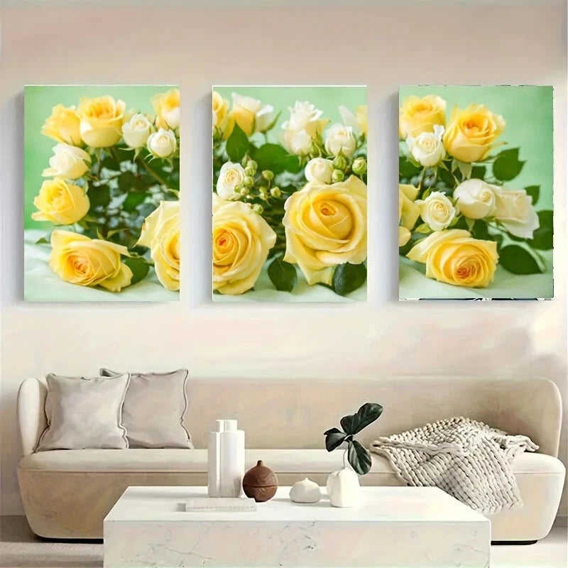 3-Piece Yellow and White Roses Metal Wall Art - Ready to Hang Floral Home Decor for Living Room, Bedroom, or Office