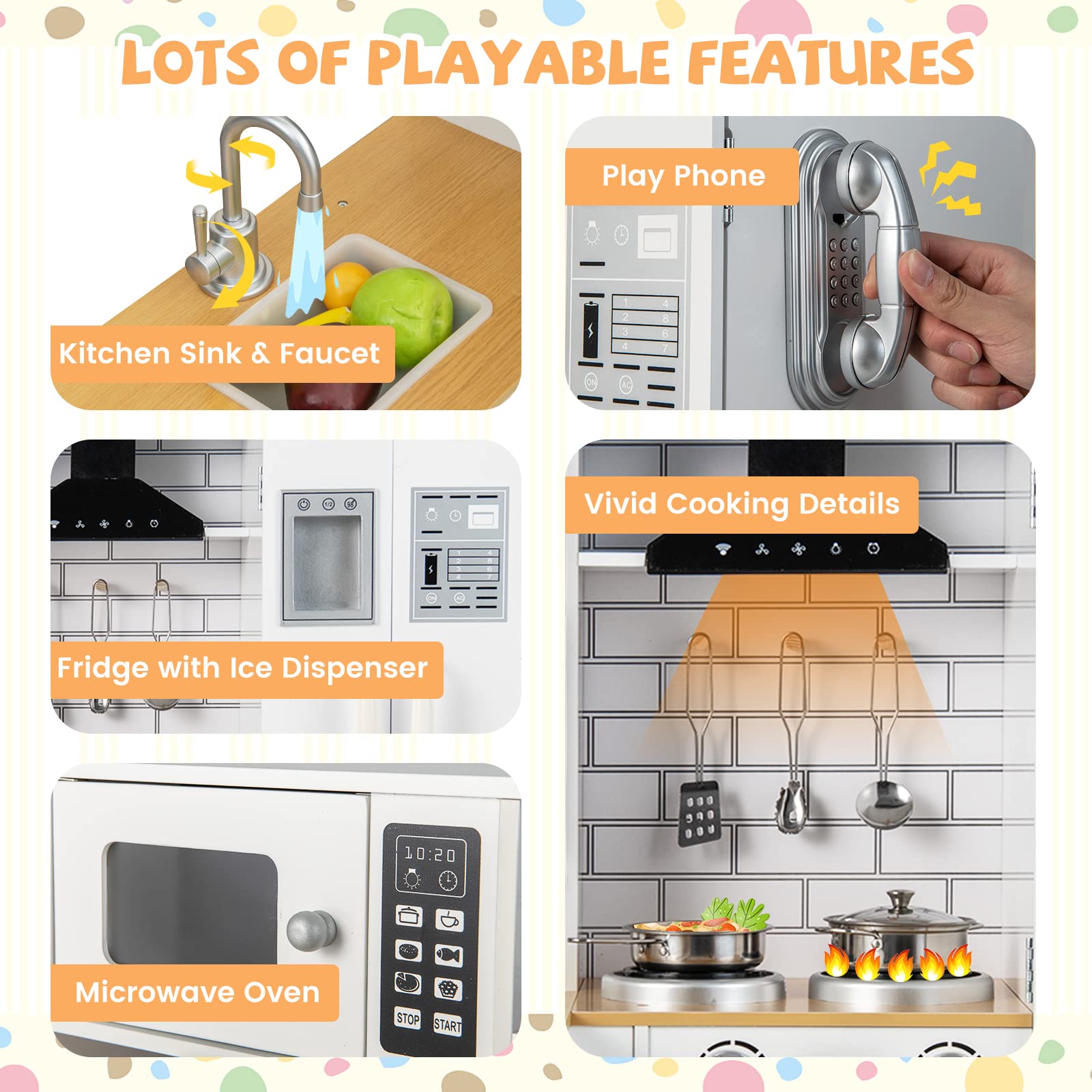 HONEY JOY Wooden Play Kitchen Set for Toddlers - Pretend Play Toy with Microwave, Refrigerator, Water Dispenser & Cookware - Little Chef Role Play Kitchen for Boys & Girls - Perfect for Home, Preschool & Daycare Pretend Cooking Activities