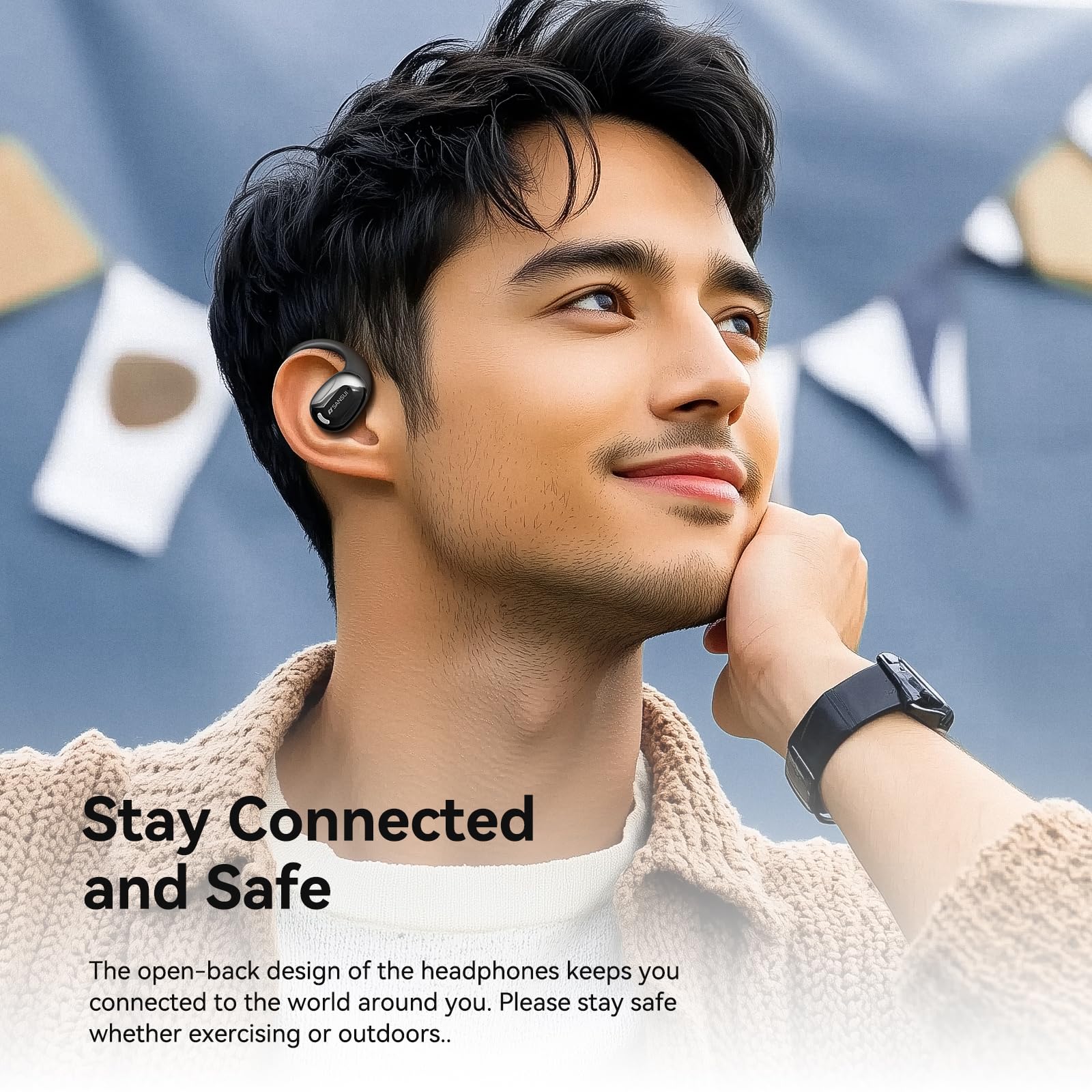 SANSUI Open Ear Wireless Bluetooth 5.4 Earbuds with Noise Cancelling Mic - Lightweight Comfortable Headphones for Running, Cycling & Workouts (Black)