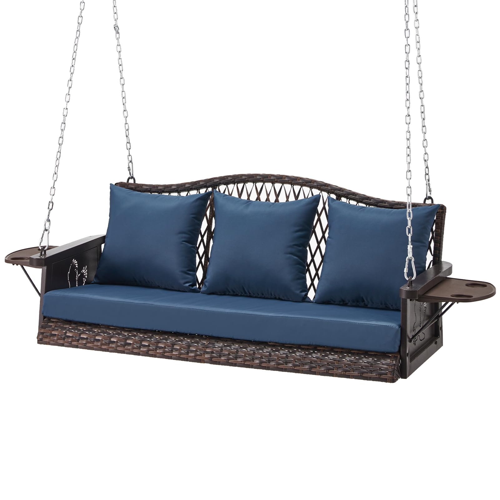 Heavy Duty 900 LBS Capacity 3-Seat Wicker Hanging Porch Swing Chair with 8.9ft Chains - Outdoor Patio Swing Bench for Adults, Includes Cushions & Cup Holder - Perfect for Backyard, Garden, and Deck Relaxation