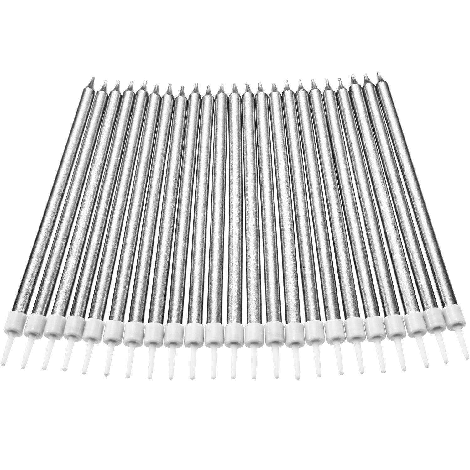 50-Pack Silver Long Birthday Cake Candles with Holders for Cupcakes - Perfect for Wedding, Party, and Birthday Cake Decorations - Ideal for Home Baking, Celebrations, and Special Events