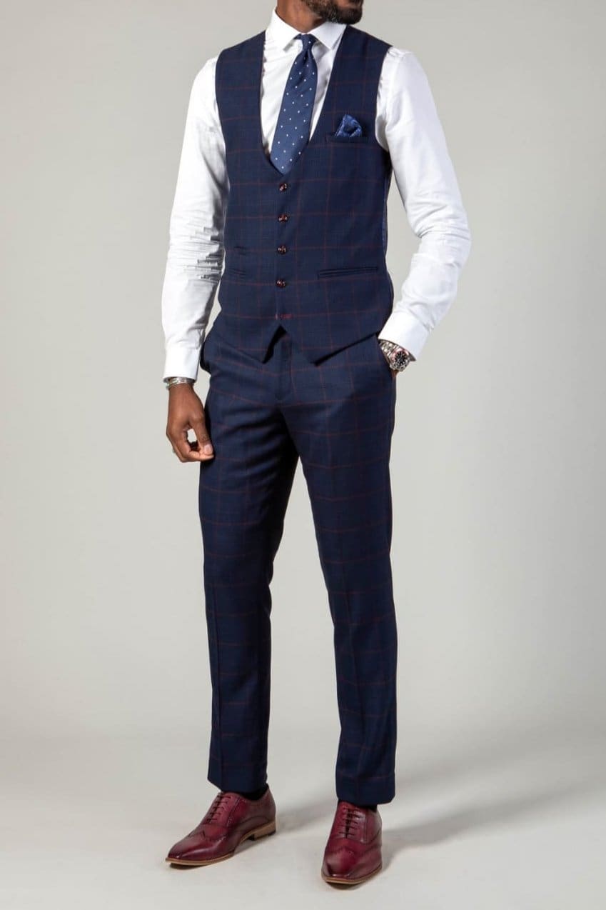 Marc Darcy Edinson Navy Check Single Breasted Waistcoat for Men - Formal Vest for Weddings, Business & Office Wear