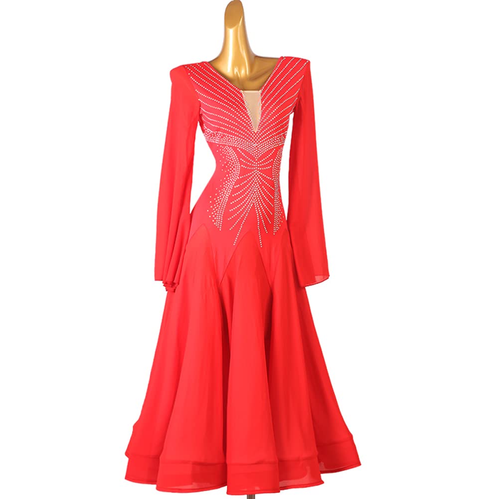 Elegant Red Rhinestone Ballroom Dance Dress for Women - Long Sleeve Petite Latin Salsa Performance Dress for Competition & Evening Gala