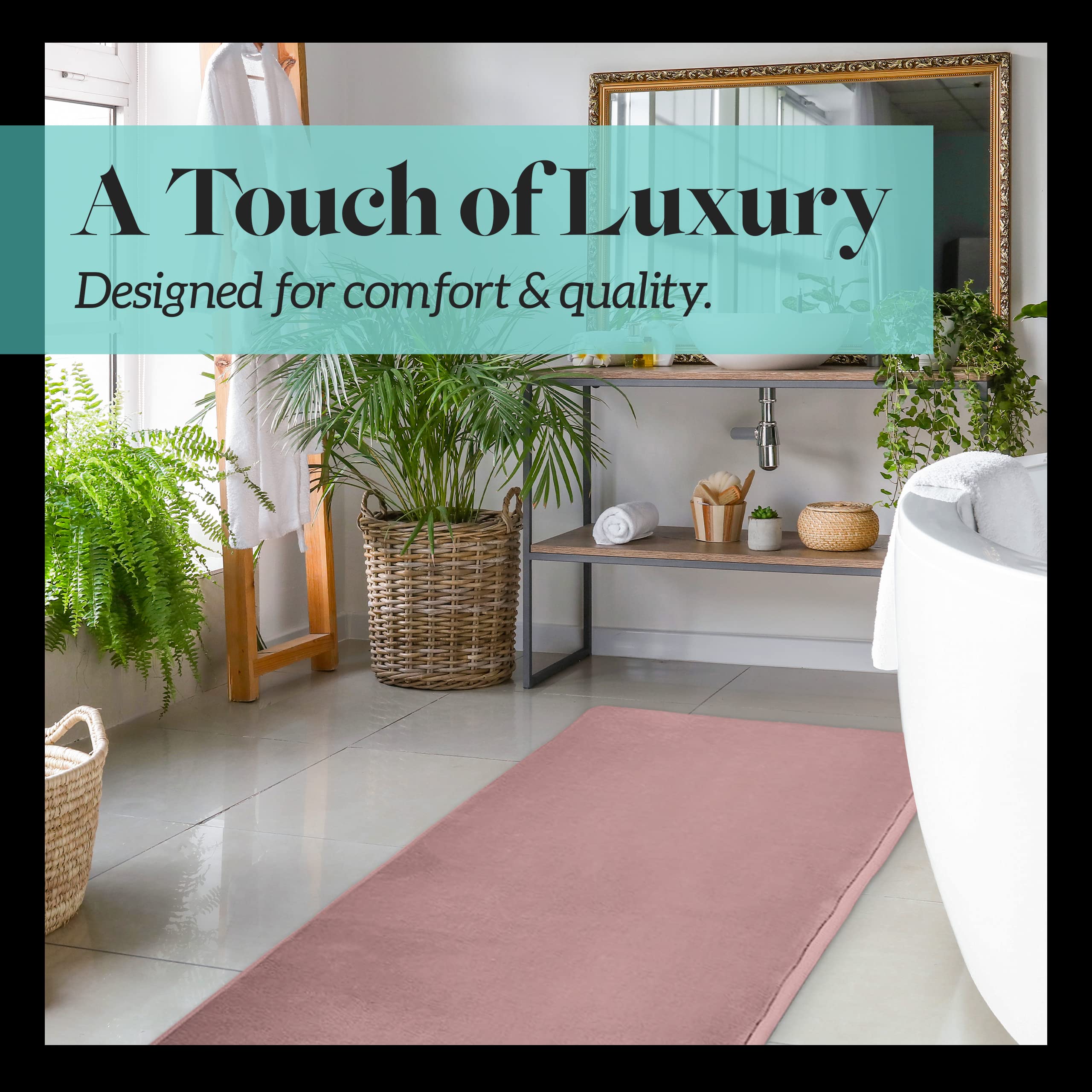 Genteele Memory Foam Bath Mat - Super Soft Non-Slip Absorbent Velvet Bathroom Rug (60x17 Inches, Mauve) for Shower, Bathtub & Bathroom Floor Comfort