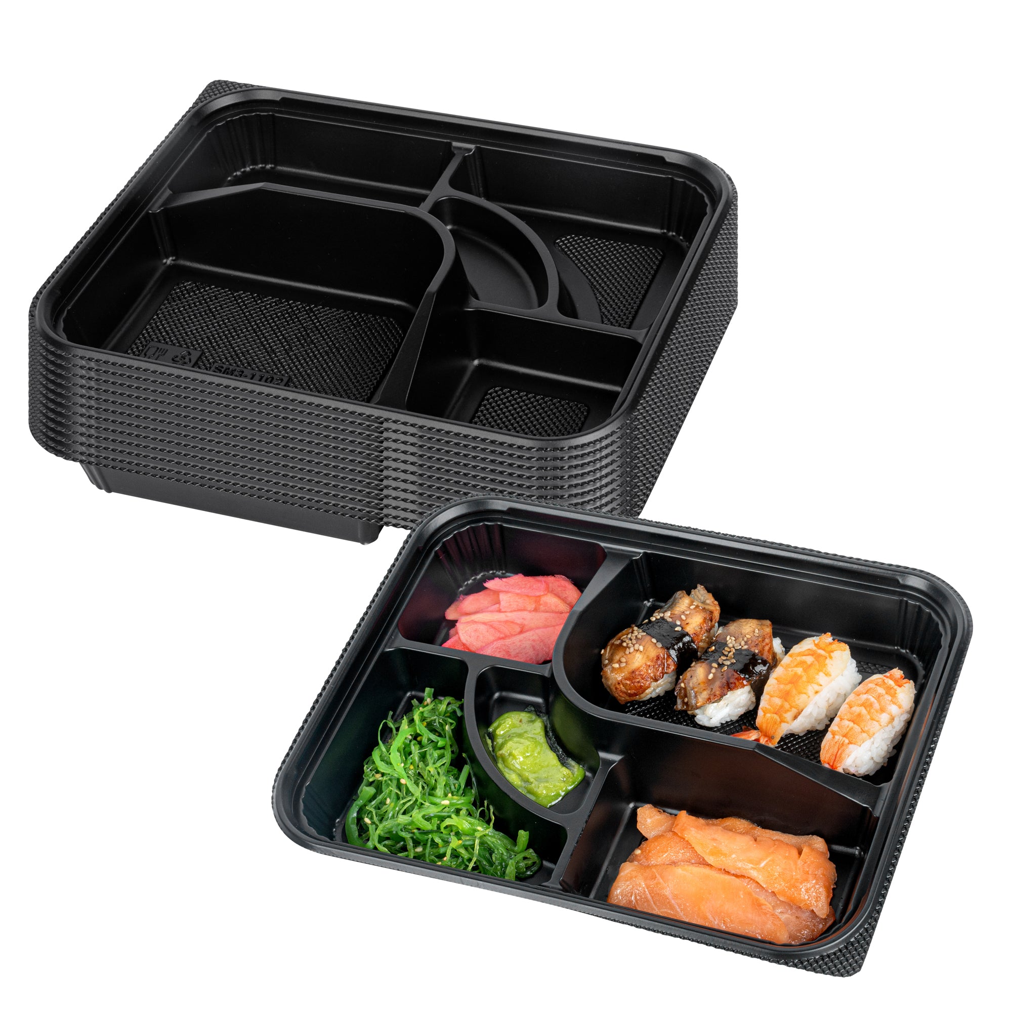 Bento Tek 26 oz Black Plastic Bento Box with 5 Compartments - 10.5
