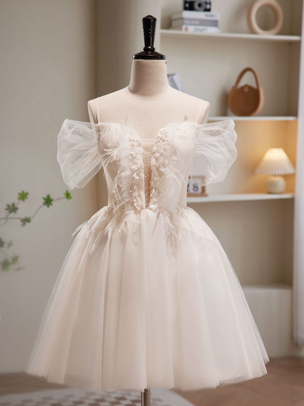 Elegant A-Line Off Shoulder Tulle Short Beige Prom Dress | Cute Homecoming Party Gown for Teens | Perfect for School Dances, Formal Events & Special Occasions