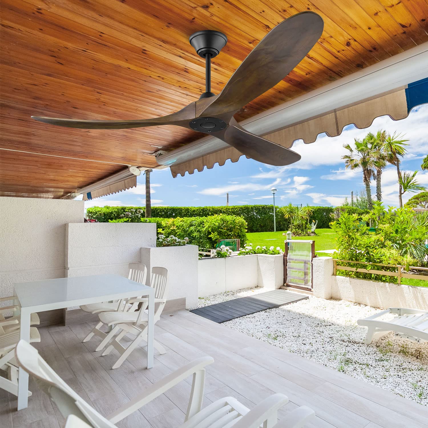 52 Inch Outdoor Wood Ceiling Fan Without Light - Remote Control, 3 Blades Moisture-Proof DC Motor - 6 Speed Silent Operation for Bedroom, Patio, Kitchen & Living Room - Perfect for Indoor/Outdoor Cooling & Air Circulation