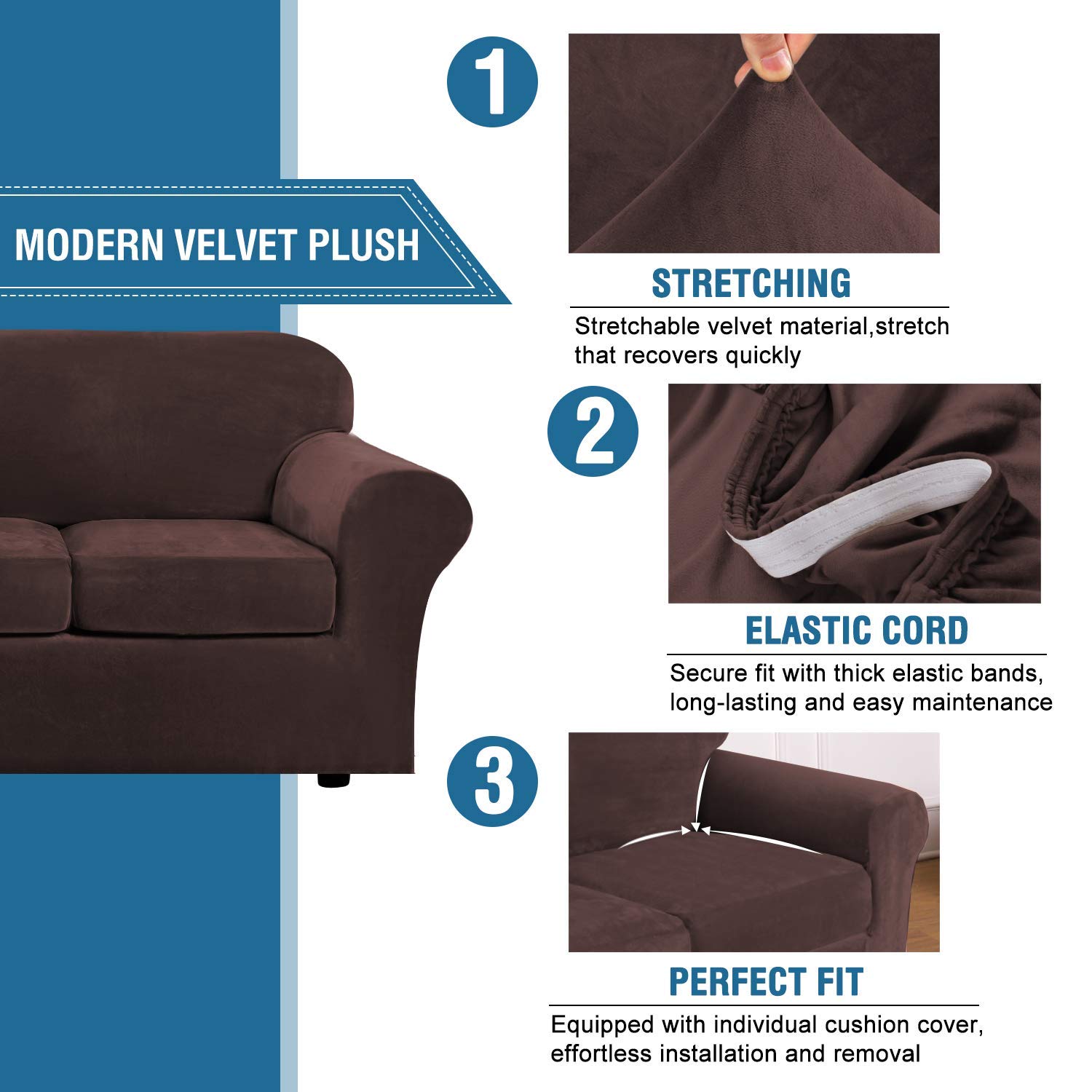 H.VERSAILTEX 4-Piece Velvet Plush Sofa Slipcover Set with 3-Piece Loveseat Cover - Soft Stretch Furniture Protector in Brown | Perfect for Living Room, Bedroom & Home Decor