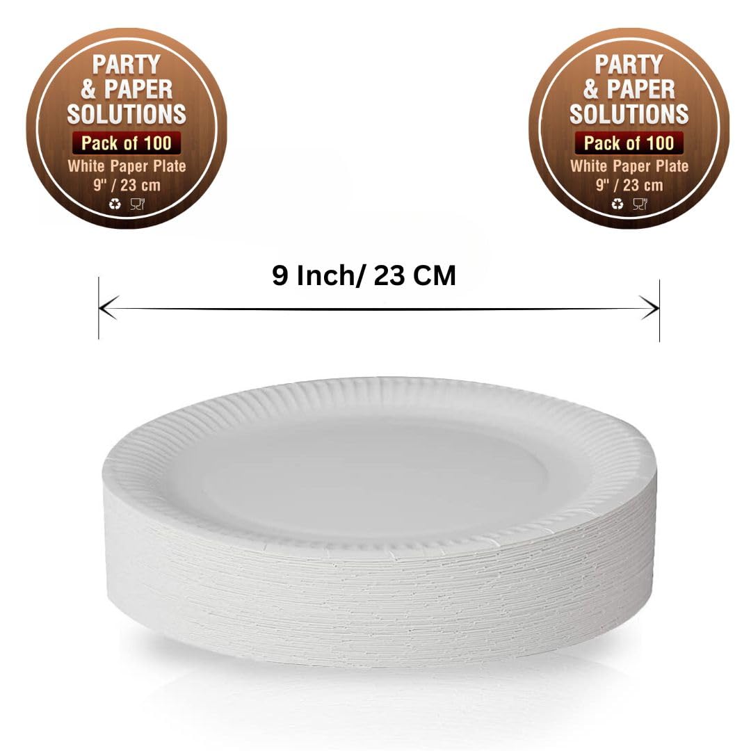 100 White Paper Plates 9 Inch (23cm) - Heavy Duty Disposable Plates for Hot & Cold Food - Perfect for Parties, Picnics, BBQs & Catering Events