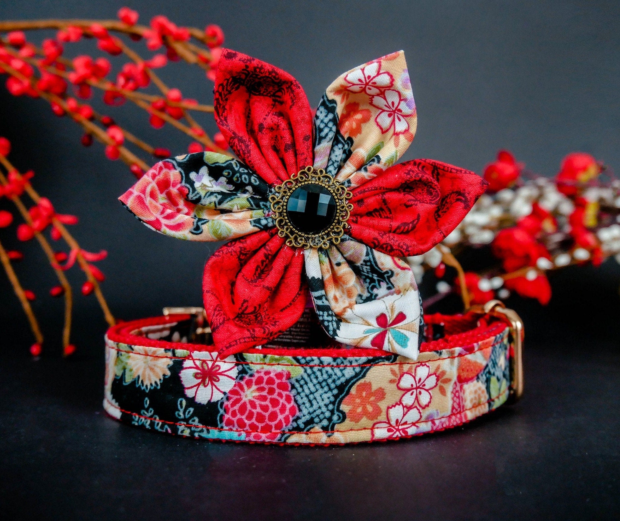Japanese Kimono Style Dog Collar with Black & Red Floral Design - Perfect for Pet Fashion, Cosplay, and Special Occasions