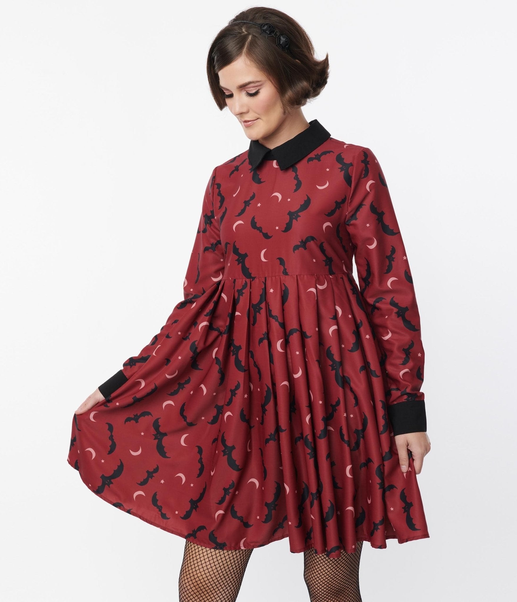 Vintage Burgundy & Black Bats Baby Doll Dress - Gothic Lolita Style for Halloween, Cosplay & Night Out