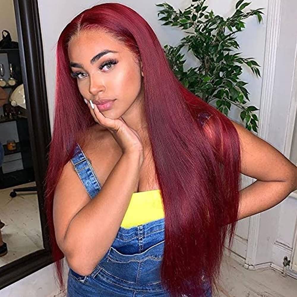 Qihang Long Red Lace Front Wig - 24 Inch Silk Straight Burgundy Synthetic Hair with 4x4 Lace - Heat Resistant for Women - Perfect for Parties, Cosplay & Daily Wear
