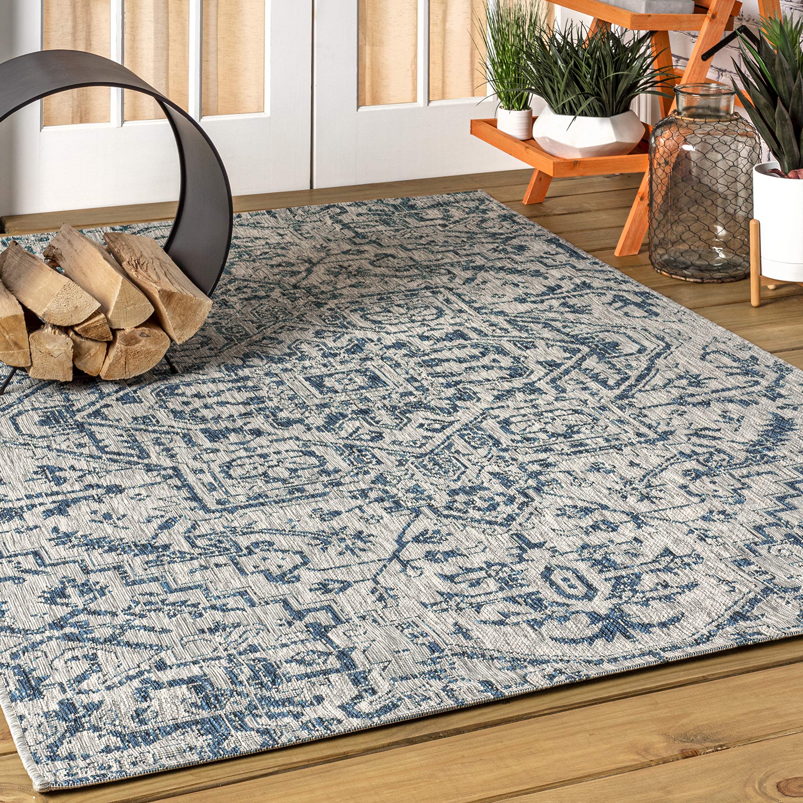 JONATHAN Y SMB105B-9 Estrella Bohemian Medallion Textured Weave Area Rug - 9'x12' Navy/Gray - Indoor/Outdoor Use for Bedroom, Kitchen, Backyard & Patio - Coastal Bohemian Rustic Decor - Non-Shedding & Easy Cleaning
