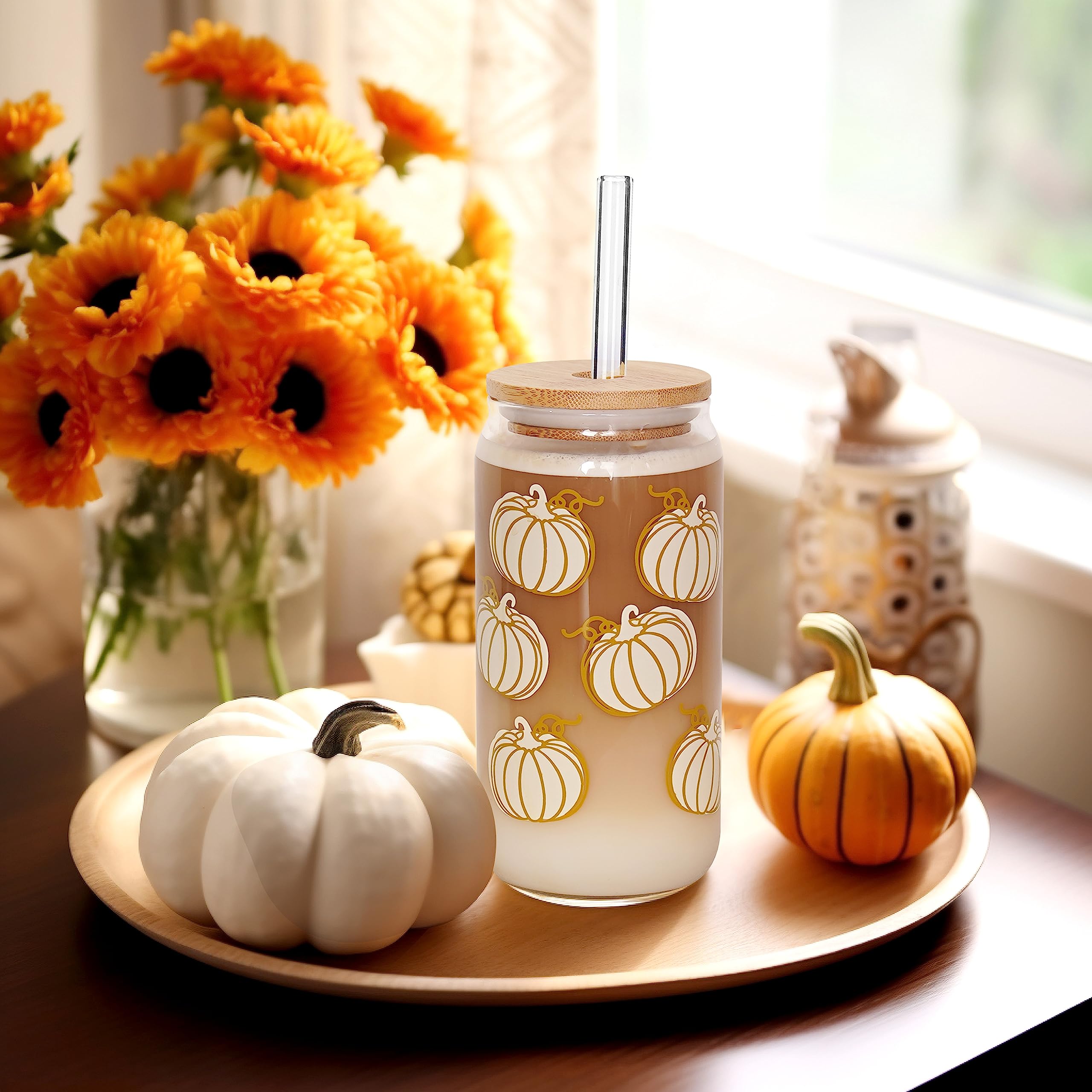 ANOTION 18oz Pumpkin Tumbler Set - 4 Pack Iced Coffee Glass Cups with Lids & Straws - Fall Wedding Gifts, Thanksgiving Decor, Family Presents - Perfect for Autumn Drinks, Home Decor & Seasonal Celebrations