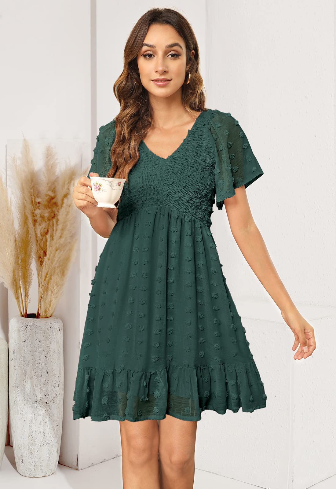 Annebouti Women's 2025 Spring Summer Mini Dress - Smocked Swiss Dot Babydoll Dress with Short Sleeves, Casual Flowy Dress for Beach, Picnic & Date Night