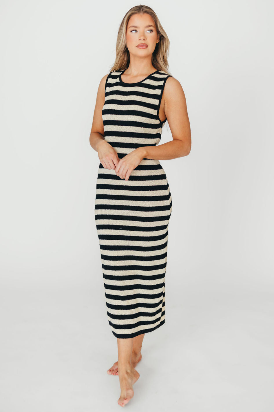Elsie Knit Midi Dress - Black & Natural Stripe | Women's Casual Summer Dress for Beach, Party & Everyday Wear