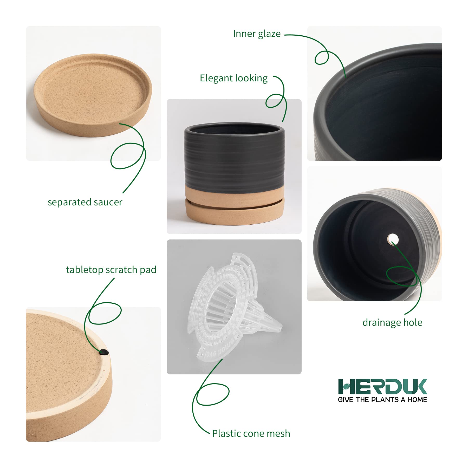 6 Inch Ceramic Plant Pots with Drainage Hole & Saucer - Indoor/Outdoor Cylinder Round Planter for Succulents, Herbs, Flowers - Matte Black & Brown Modern Home & Garden Decor