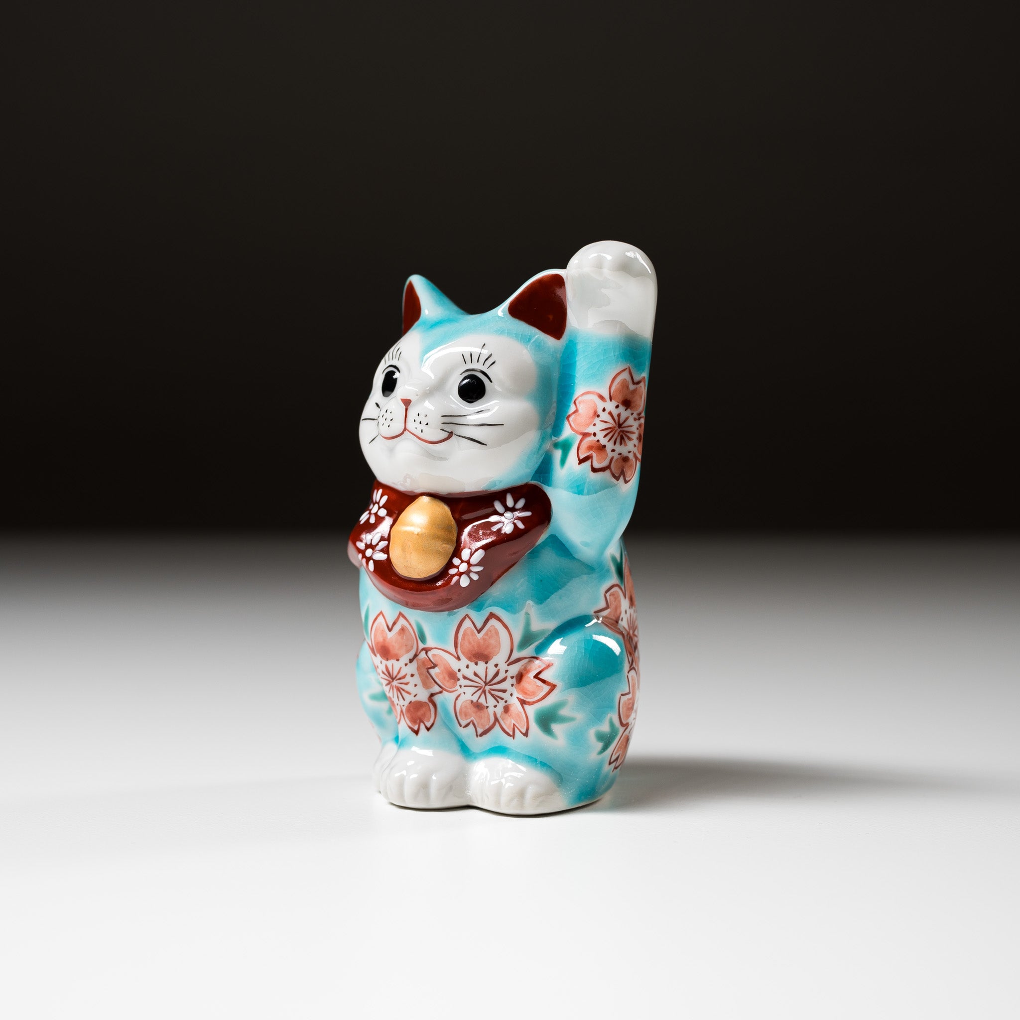 Handmade Japanese Kutani Ware Blue Beckoning Cat Sora Ornament - Lucky Fortune Charm for Home & Office Decor | Traditional Japanese Ceramic Art Gift