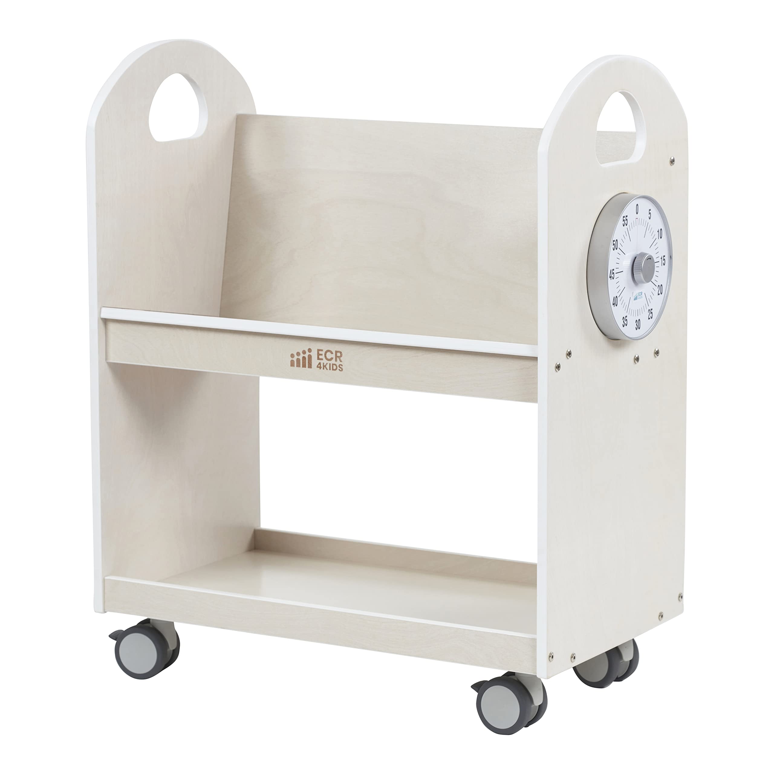 ECR4Kids Mobile Book Cart with Countdown Timer - Rolling Classroom Bookshelf Organizer for Teachers - White Wash Finish - Perfect for School Libraries, Preschools & Homeschooling