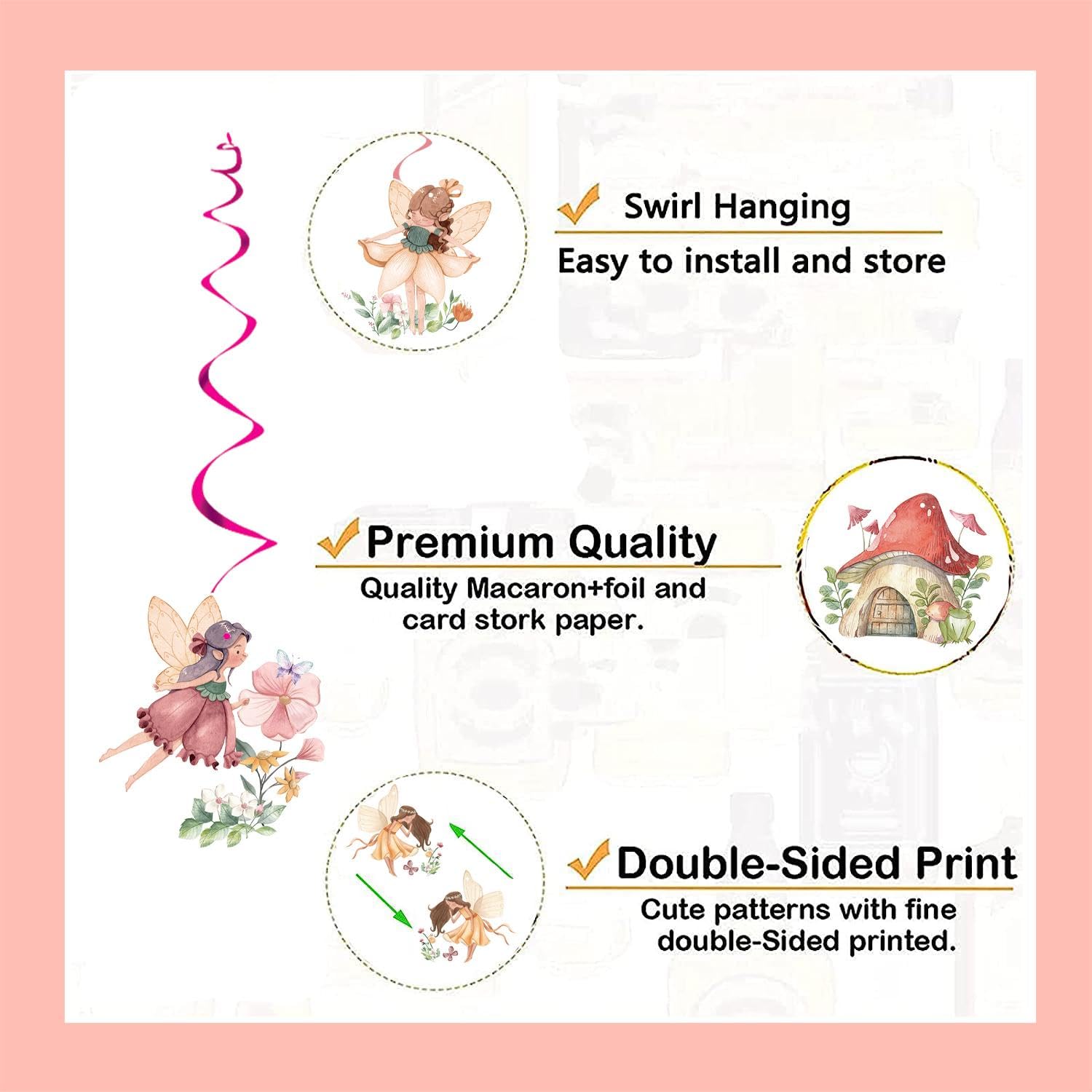 Fairy Party Decorations - Flower Fairy Themed Hanging Swirls for Girls' First Birthday, Baby Shower & Fairy Tale Theme Parties | Perfect for Indoor & Outdoor Celebrations, Birthday Decorations Supplies (New)