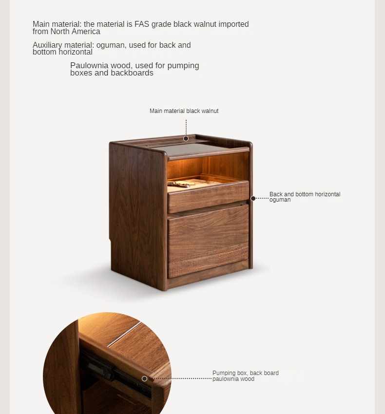 Solid Black Walnut Wood Nightstand with USB Outlet & Lamp - Perfect for Bedroom, Living Room, or Office Use