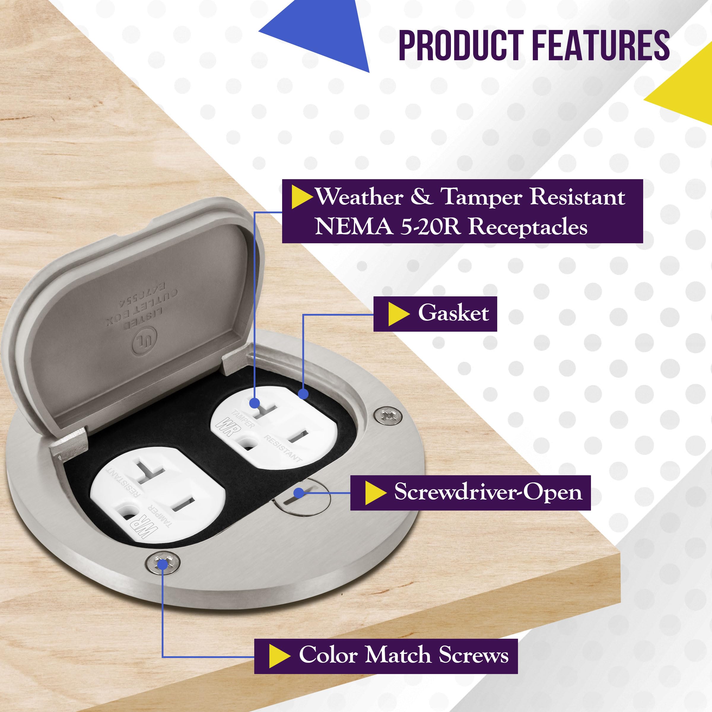 Enerlites 975502-S 4'' Hinged Floor Box Cover Flange - 20A Duplex Tamper & Weather Resistant Receptacle - Nickel Plated Brass - Ideal for Outdoor & Commercial Electrical Installations