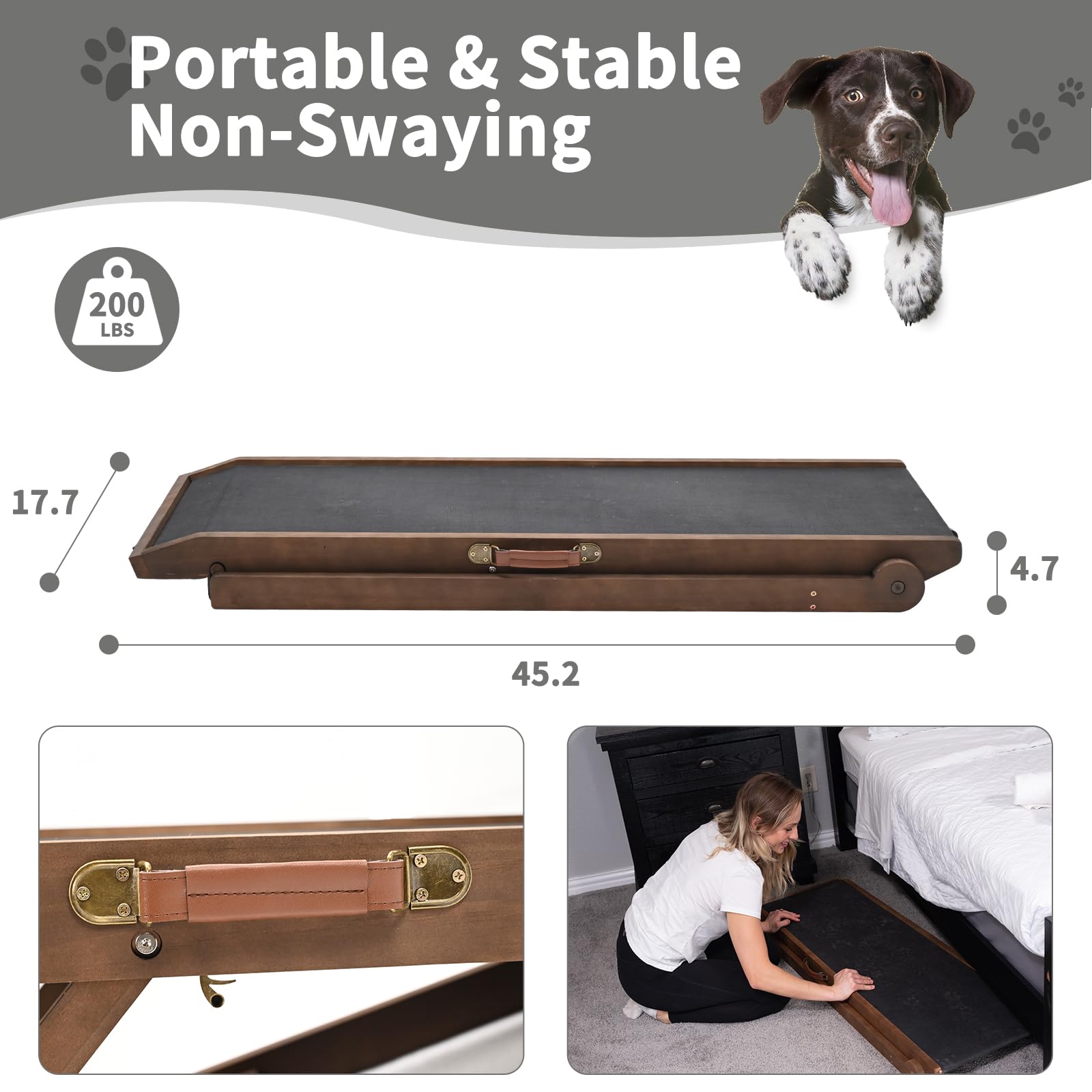 ABORON Adjustable Pet Ramp for Dogs & Cats - 5-Level Folding Dog Ramp for Bed, Couch, SUV, Car - Non-Slip Rubber Surface Supports 200 lbs, 45.2