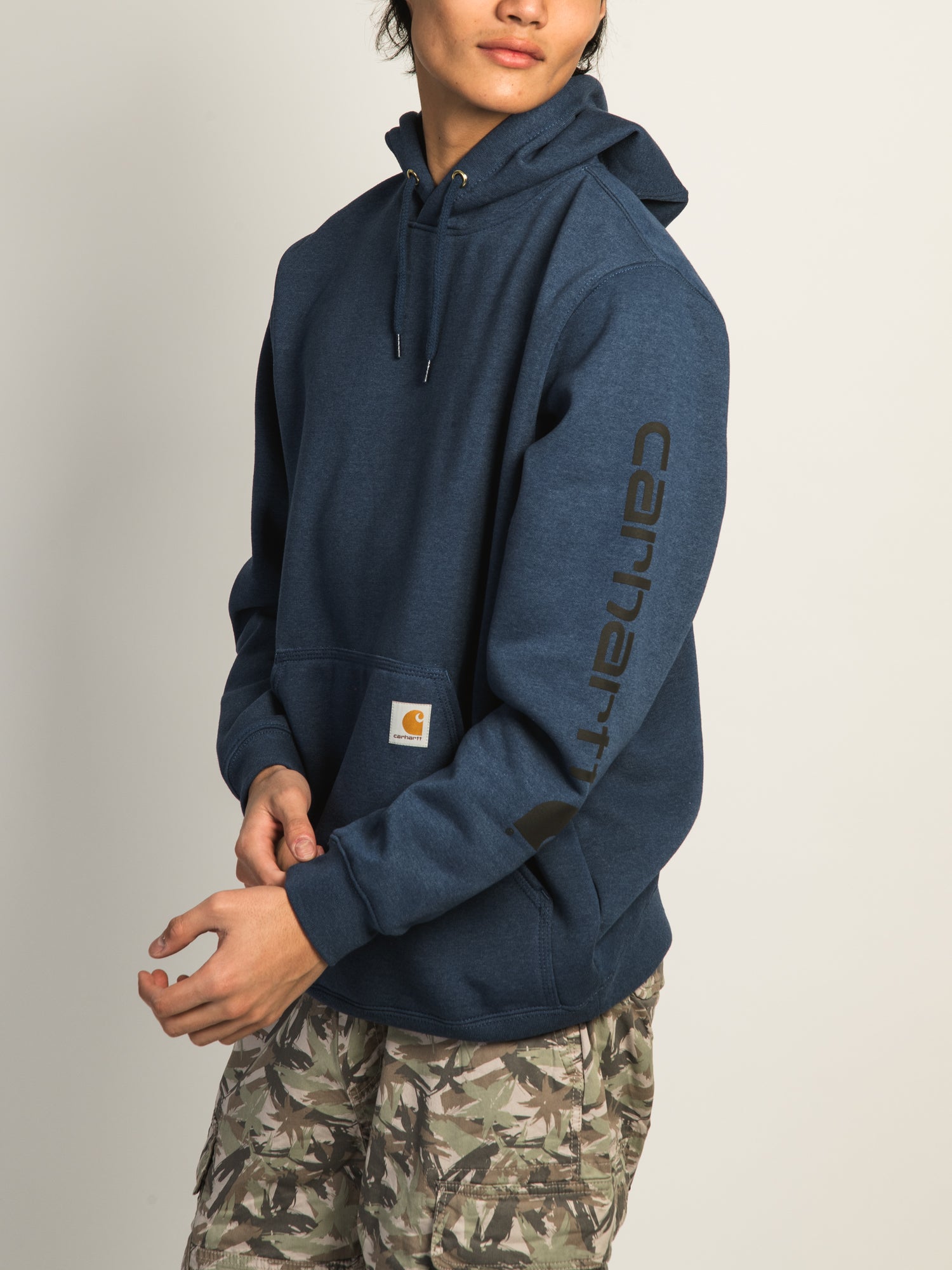 Carhartt Logo Sleeve Graphic Pullover Hoodie for Men & Women - Comfortable & Stylish Ocean Blue Sweatshirt for Outdoor Work, Casual Wear & Street Fashion