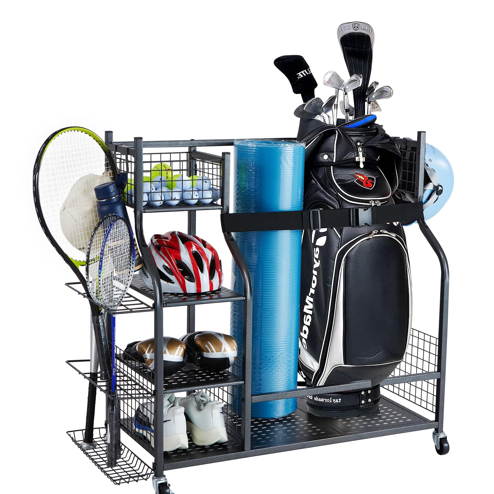 VEVOR Rolling Sports Equipment Storage Cart with Wheels - Basketball, Toy & Gear Organizer Rack with Baskets & Hooks for Garage, Indoor & Outdoor Use - Perfect for Organizing Balls, Sports Accessories and Kids' Toys