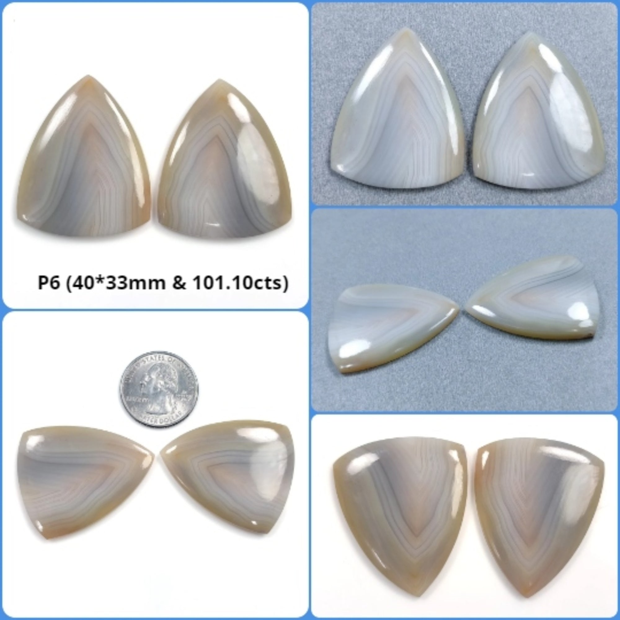 Natural Untreated Botswana Agate Gemstone Cabochon - Bi-Color Agate Trillion & Unique Shape Pair (2pcs) for Jewelry Making, Wire Wrapping & Healing Crystal Collection