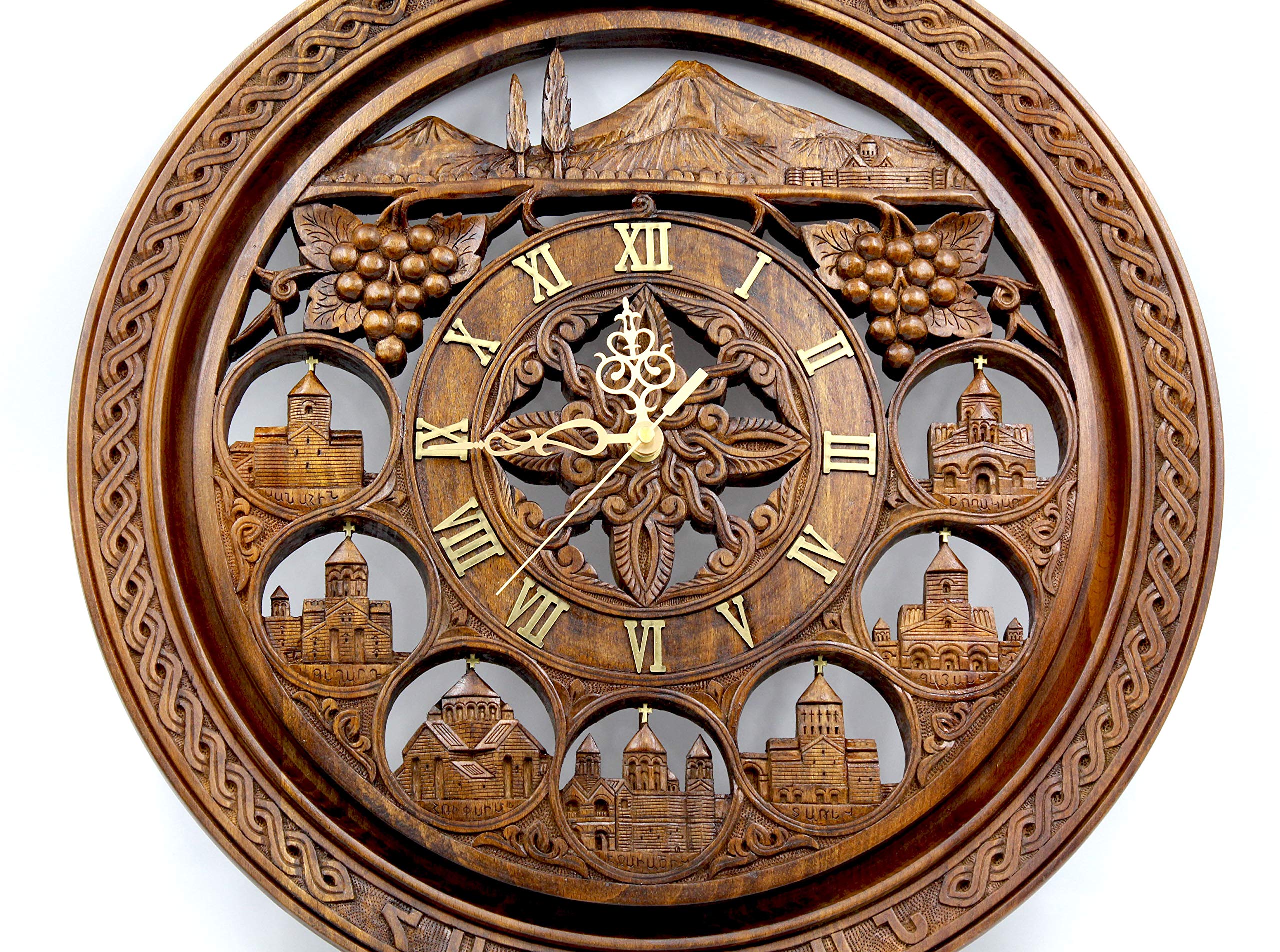 Handmade Carved Wooden Clock with Armenian Ornament - Ararat Mountain Wall Decor, Unique Wood Art Gift for Home, Office & Cabin Decorations