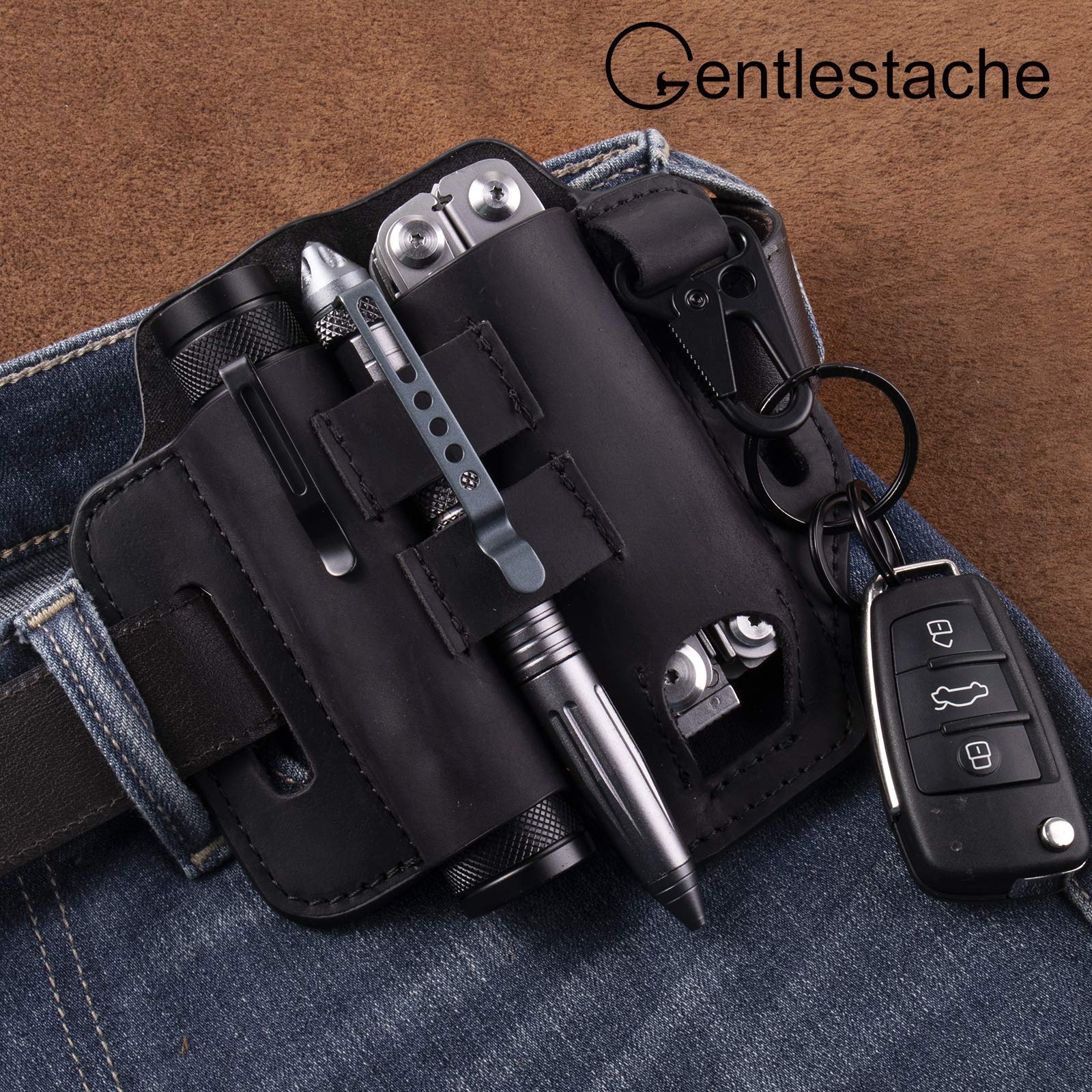 Gentlestache Multitool Belt Sheath - Premium Leather EDC Belt Organizer with Pouch, Flashlight & Pen Holders - Practical Everyday Carry Accessory for Men | Hiking, Camping, Work & Outdoor Activities
