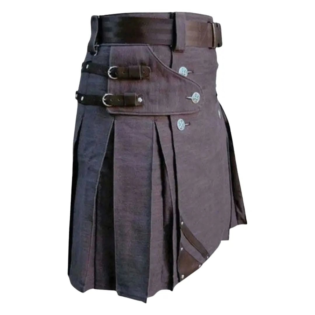 Premium Heavy Duty Denim & Leather Kilt for Men - Scottish Utility Kilt with Pockets | Perfect for Renaissance Fairs, Highland Games & Punk Rock Fashion