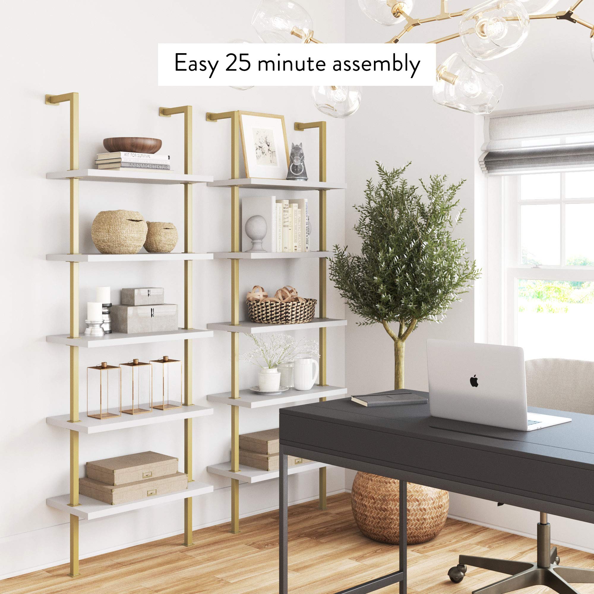 Nathan James Theo 5-Shelf Modern Bookcase - Industrial Metal Frame Open Ladder Bookshelf in White/Gold | Perfect for Living Room, Bedroom & Office Storage