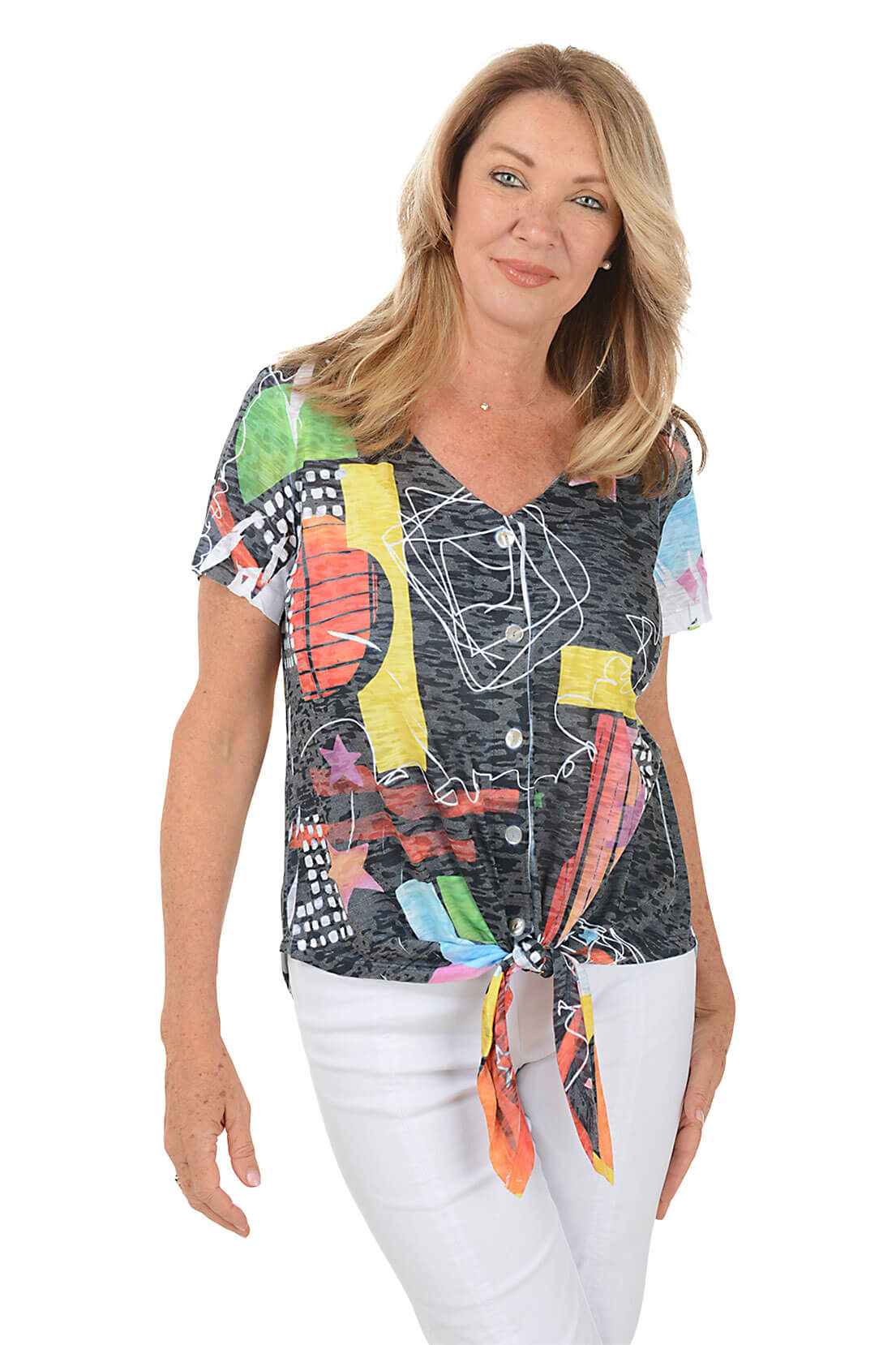 Neon Scribbles Burnout Button Front Tee - Trendy Graphic T-Shirt for Women | Casual Streetwear & Festival Outfits | Perfect for Concerts, Parties & Everyday Wear